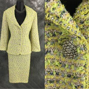 BEAUTIFUL St John couture knit yellow green multi jacket skirt suit size 8 10